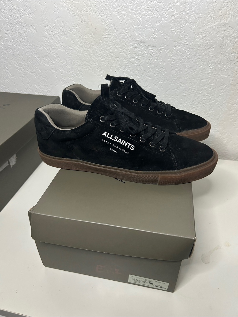 AllSaints Black Suede Low-Top Sneakers with Brown Sole